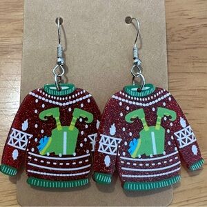 Festive Red and Green Elf Legs Sweater Earrings